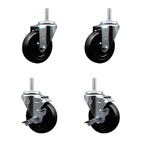 Service Caster 4 Inch Hard Rubber Wheel Swivel 34 Inch Threaded Stem Caster Set 2 Brakes SCC SCC-TS20S414-HRS-34212-2-TLB-2
